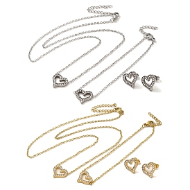 Heart 304 Stainless Steel Rhinestone Pendant Necklaces & Bracelets & Stud Earrings Sets for Women
