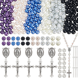 Наборы для самостоятельного изготовления четок из бусин, включая подвески из сплава крестов, звенья и наконечники бусин, Стеклянные жемчужные бусины, 304 штыри из нержавеющей стали