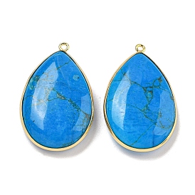 Dyed Natural Howlite Teardrop Pendants, Rack Plating Brass Drop Charms, Long-Lasting Plated, Golden