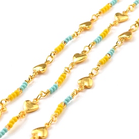 Brass Handmade Glass Bead Chains, with Spool, Soldered, Long-Lasting Plated