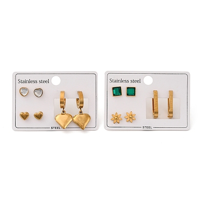 304 комплект из сережек-гвоздиков и колец из нержавеющей стали для женщин, со стразами, цветок, квадрат и сердце