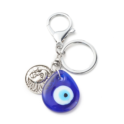 Alloy Keychains, with Tibetan Style Alloy Pendants and Handmade Lampwork Pendants, Teardrop with Evil Eye & Flat Round with Moon & Sun