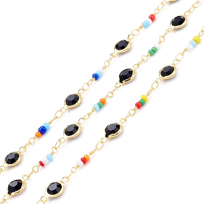 Handmade Brass Glass Flat Round Link Chains, with Glass Seed Beads, Long-Lasting Plated, Soldered, with Spool, Golden