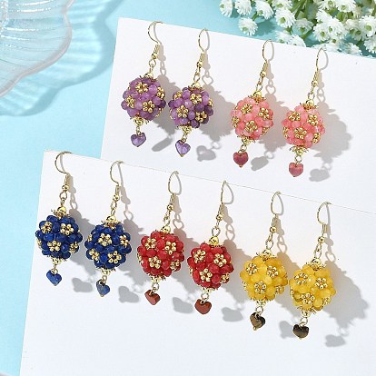 Boucles d'oreilles pendantes en verre, jade naturel de Malaisie teint et jaspe rouge naturel/améthyste/œil de tigre/lapis-lazuli/rhodonite, ronde avec le coeur, 304 boucles d'oreilles dangle acier inoxydable, or
