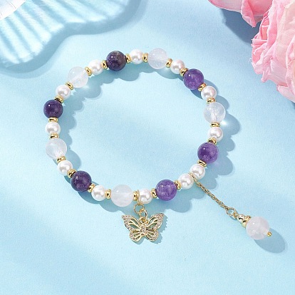 Браслеты с подвесками в виде бабочек из латуни с микропаве из прозрачных кубических цирконий, Браслеты из натуральных бусин аметиста, розового кварца и ракушечного жемчуга для женщин