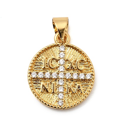 Латунные микропаве прозрачные подвески с фианитом, плоские круглые с поперечными прелести, без свинца и без кадмия, долговечный, стойки покрытие