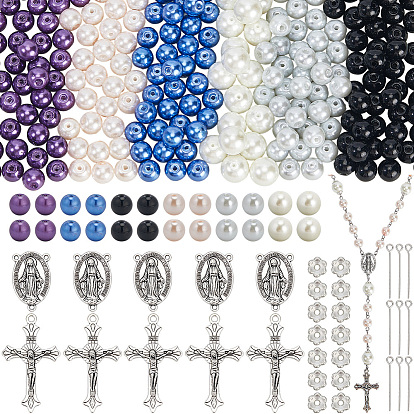 Наборы для самостоятельного изготовления четок из бусин, включая подвески из сплава крестов, звенья и наконечники бусин, Стеклянные жемчужные бусины, 304 штыри из нержавеющей стали