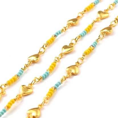 Brass Handmade Glass Bead Chains, with Spool, Soldered, Long-Lasting Plated