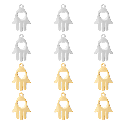 12Pcs 2 Colors 201 Stainless Steel Pendants, Manual Polishing, Hamsa Hand/Hand of Miriam with Heart