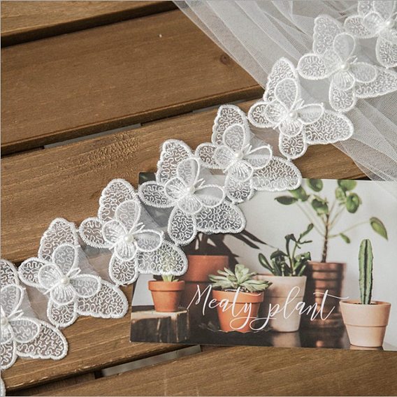Butterfly Lace Edge Trim Ribbon, with Plastic Imitation Pearl Beads, for DIY Decoration Clothes Embroidery