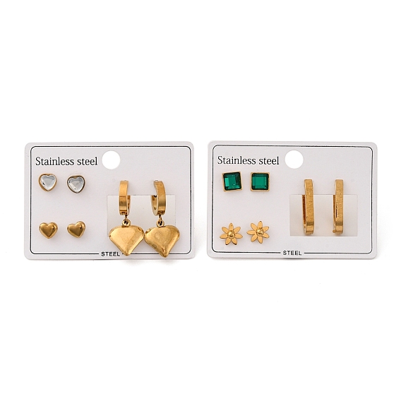 304 комплект из сережек-гвоздиков и колец из нержавеющей стали для женщин, со стразами, цветок, квадрат и сердце