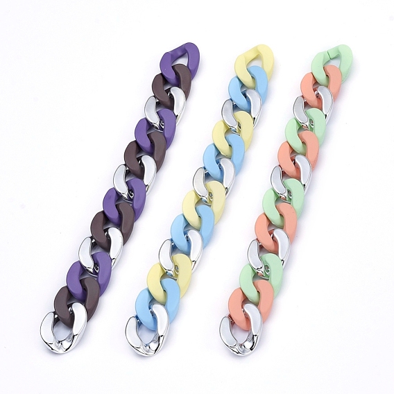 Three Tone Handmade Curb Chains, Cuban Link Chains, with Opaque Spray Painted Acrylic Linking Rings and CCB Plastic Linking Rings, for Jewelry Making