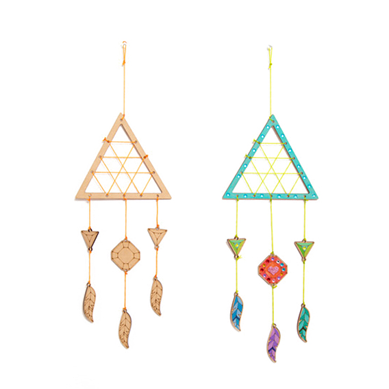 DIY Triangle Wind Chime Making Kits, Including 1Pc Wood Plates, 1 Card Cotton Thread and 1Pc Plastic Knitting Needles, for Children Painting Craft
