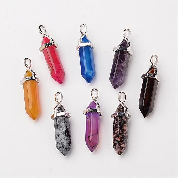 Natural Gemstone Double Terminated Pointed Pendants, with Random Alloy Pendant Hexagon Bead Cap Bails, Bullet, Platinum