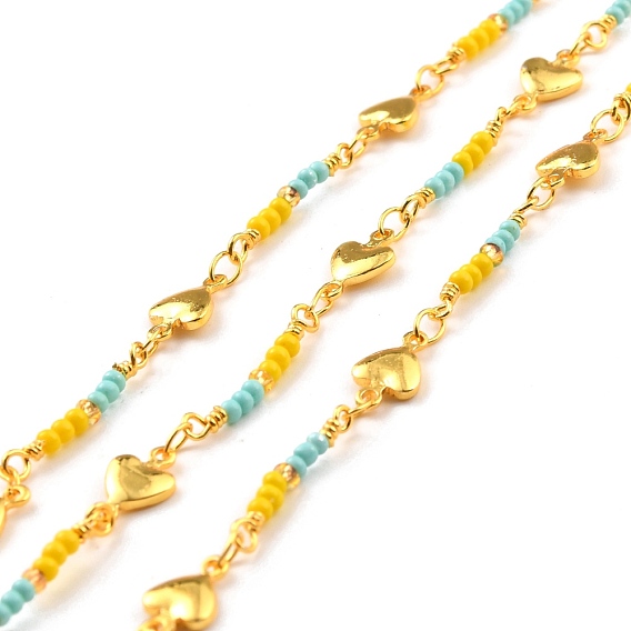 Brass Handmade Glass Bead Chains, with Spool, Soldered, Long-Lasting Plated