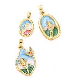 Brass Enamel Pendants, Oval with Tulip Pattern, Colorful