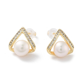 Triangle Natural Pearl Ear Studs with Brass Micro Pave Cubic Zirconia and 925 Sterling Silver Pins