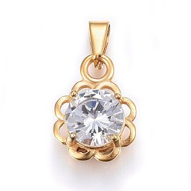 Cubic Zirconia Pendants, with 304 Stainless Steel Findings, Flower, Clear