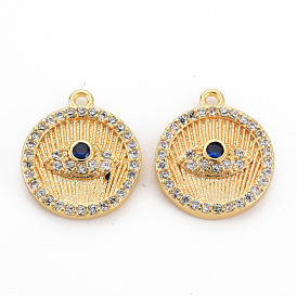 Brass Cubic Zirconia Charms, Nickel Free, Flat Round with Eye