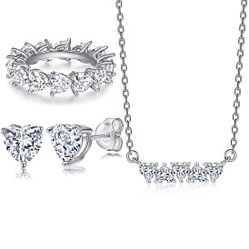 Sparkling Heart-shaped Jewelry Set with Zirconia Stones - 925 Sterling Silver Necklace, Earrings and Ring Trio