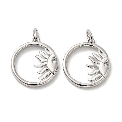 Placage de crémaillère en laiton micro pavé breloques en zircone cubique claire, sans cadmium et sans plomb, plaqué longue durée, bague ronde avec breloque soleil