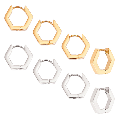 4Pair 2 Colors 304 Stainless Steel Hexagon Huggie Hoop Earrings, Hinged Earrings for Women