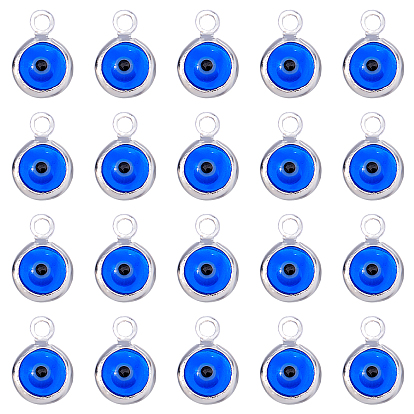 Handmade Evil Eye Lampwork Charms, with Brass Findings, Flat Round