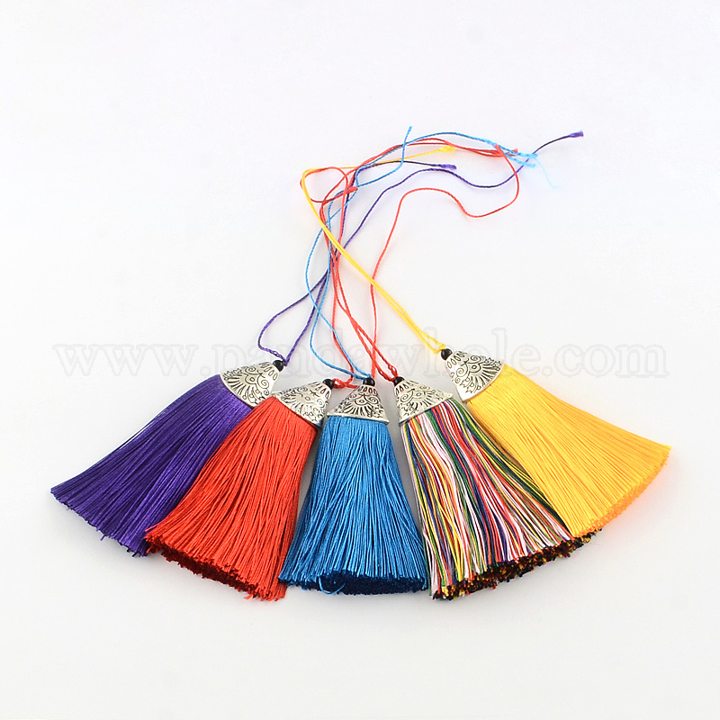 20pcs Polyester Tassel Pendant Decorations with Antique Silver  Plastic Findings