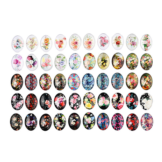 Glass Oval Flatback Cabochons for DIY Projects, Flower Pattern