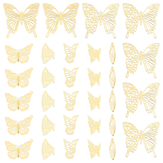 7 Style Brass Pendants, Etched Metal Embellishments, Butterfly & Wings