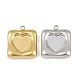304 Stainless Steel Pendant Cabochon Settings, Square with Heart Charms, Ion Plating(IP)