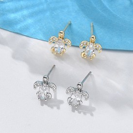 Серьги-гвоздики из латуни, прозрачного кубического циркония и стекла, черепаха