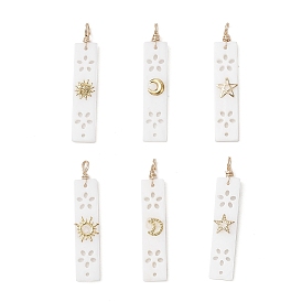 6 шт 6 стили натуральные ракушки прямоугольные подвески, с латунными ломтиками солнца, луны и звезды, золотые