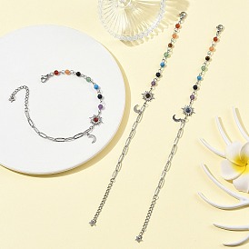 7 Chakra Gemstone Beaded Chain & 304 Stainless Steel Paperclip Chain Bracelets, Sun Charm Bracelets, Stainless Steel Color