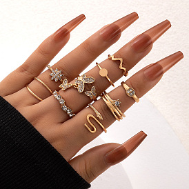 Sweet Butterfly Diamond-Encrusted Snake Ring & Zodiac Snowflake 9-Piece Ring Set
