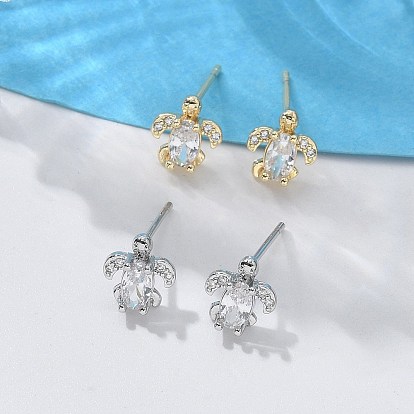 Серьги-гвоздики из латуни, прозрачного кубического циркония и стекла, черепаха