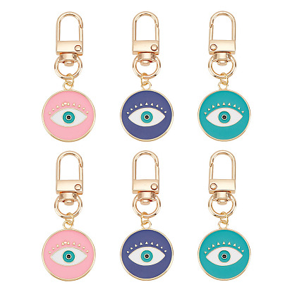 6шт брелок из сплава эмали, с поворотными застежками-карабинами из сплава и 304 соединительными кольцами из нержавеющей стали, плоские круглые с глаз
