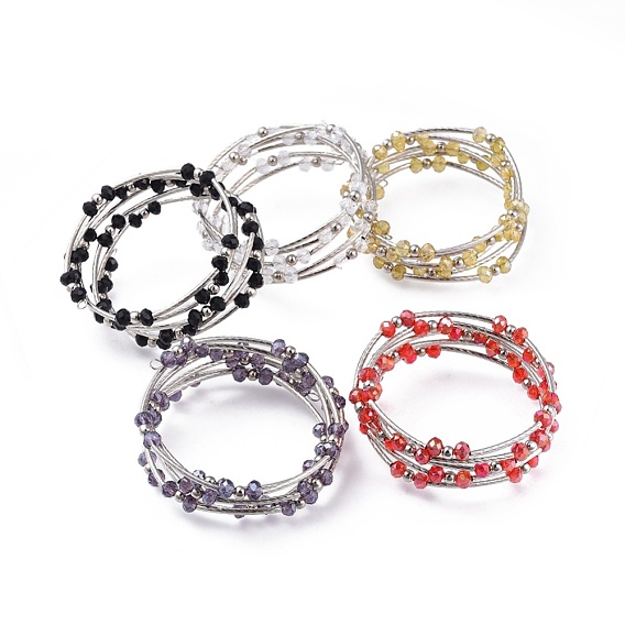 Five Loops Fashion Wrap Bracelets, with Rondelle Glass Beads, Iron Spacer Beads, Brass Tube Beads and Steel Memory Wire