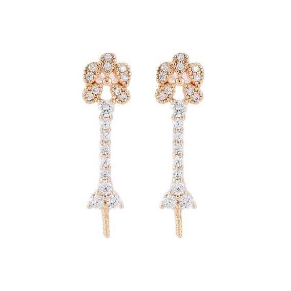 Brass Micro Pave Clear Cubic Zirconia Stud Earring Findings, for Half Drilled Beads, Nickel Free, Flower