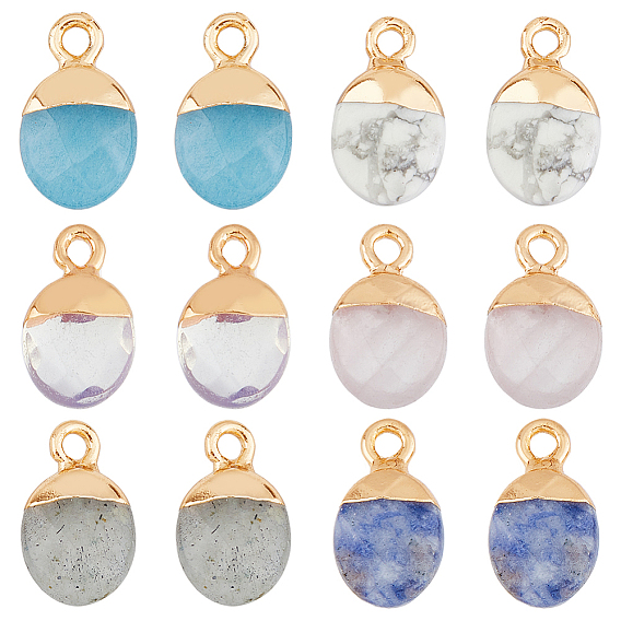 12шт. 6 стили гальванизированные смешанные драгоценные камни ограненные овальные подвески, с позолоченными железными петлями, смешанные окрашенные и неокрашенные