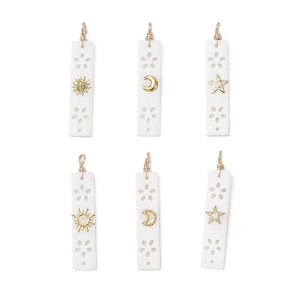 6 шт 6 стили натуральные ракушки прямоугольные подвески, с латунными ломтиками солнца, луны и звезды, золотые