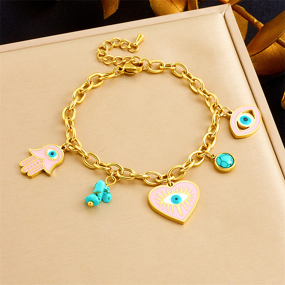 304 Браслеты с подвесками из нержавеющей стали и синтетической бирюзы для женщин, сердце/глаз/рука хамса, с эмалью