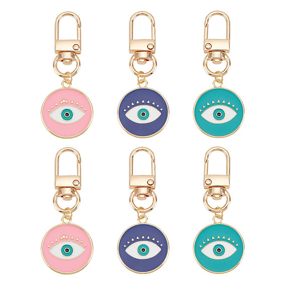 6шт брелок из сплава эмали, с поворотными застежками-карабинами из сплава и 304 соединительными кольцами из нержавеющей стали, плоские круглые с глаз