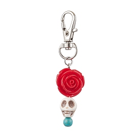 Skull Rose Resin & Synthetic Turquoise Pendant Decoration, Alloy Swivel Lobster Claw Clasps for Bag Ornaments