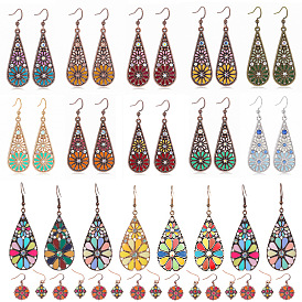 Серьги-подвески из богемского сплава с эмалью, со стразами, слезинка с цветочным узором