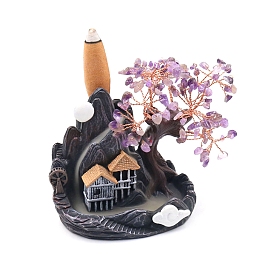 Natural Gemstone Chips Tree Decorations, House Shape Incense Holders with Copper Wire Feng Shui Energy Stone Gift for Home Office Desktop Decorations