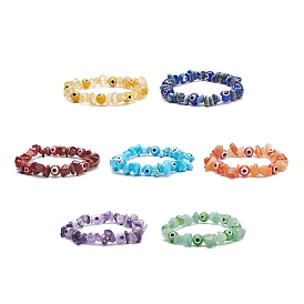 7Pcs 7 Style Natural & Synthetic Mixed Gemstone Chips & Lampwork Evil Eye Stretch Bracelets Set for Women