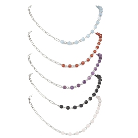 Круглые бусины ручной работы из натурального сердолика, лавового камня, аметиста и окрашенного кварца, а также цепочка-скрепка из нержавеющей стали, цвет нержавеющей стали