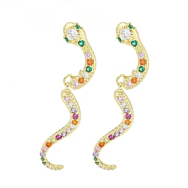 Snake Real 18K Gold Plated Brass Dangle Stud Earrings, with Cubic Zirconia