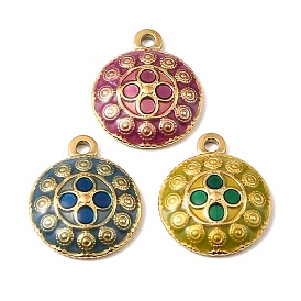 304 Stainless Steel Enamel Pendants, Flat Round with Flower, Real 18K Gold Plated, Ion Plating(IP)